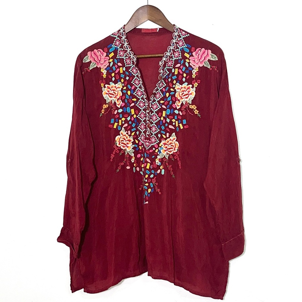 Johnny Was Beatrix Red Embroidered Top Size S
